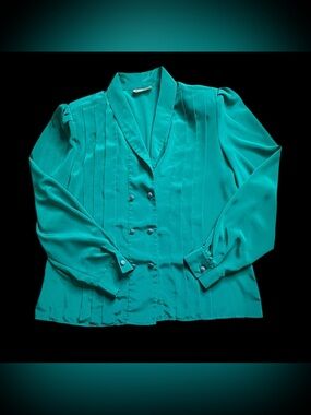 Philippe Marques 80s Vtg Green Pleated Double Breasted Secretary Blouse Sz 16